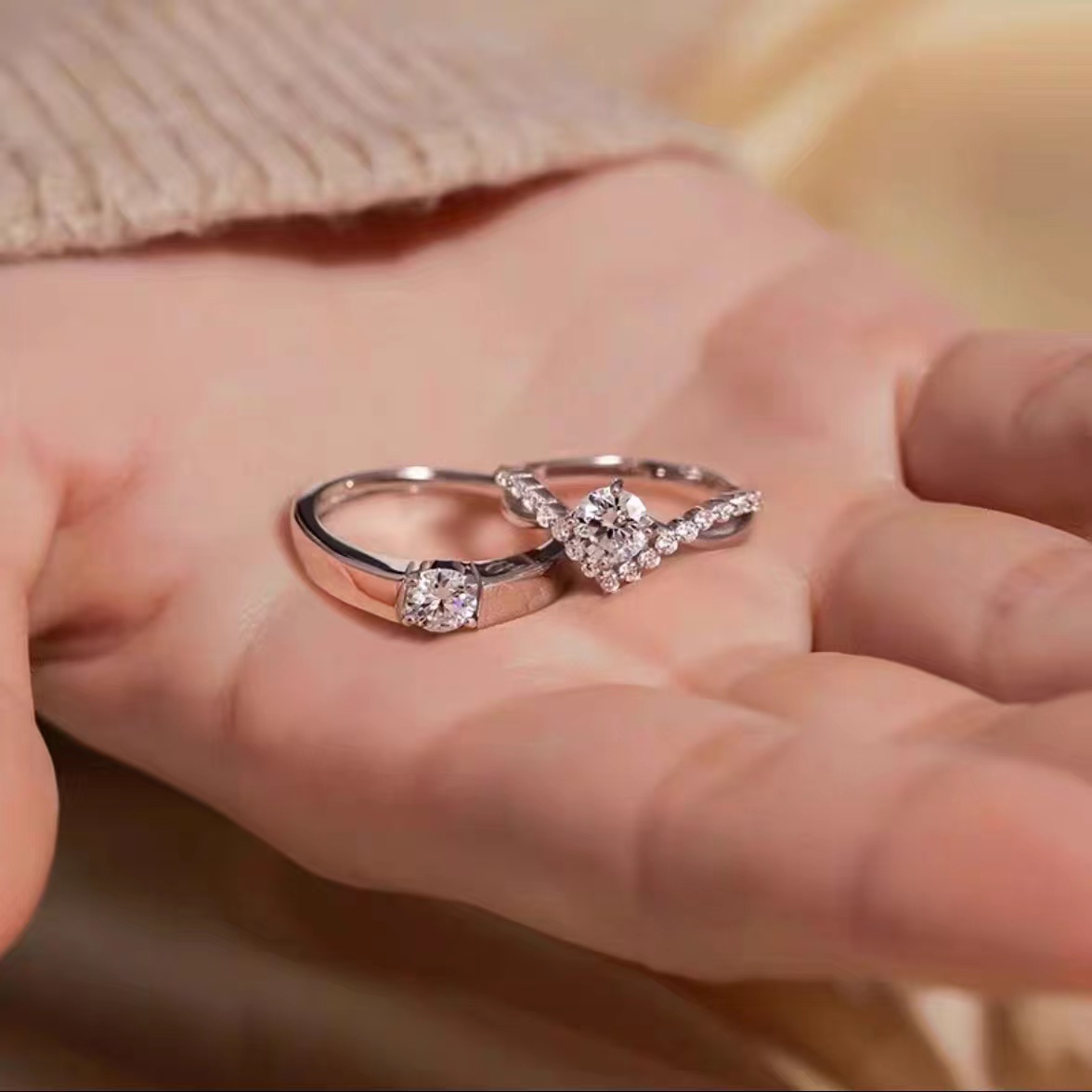 High-end couple's diamond ring, unique synthetic gemstone, closely linked for a lifetime